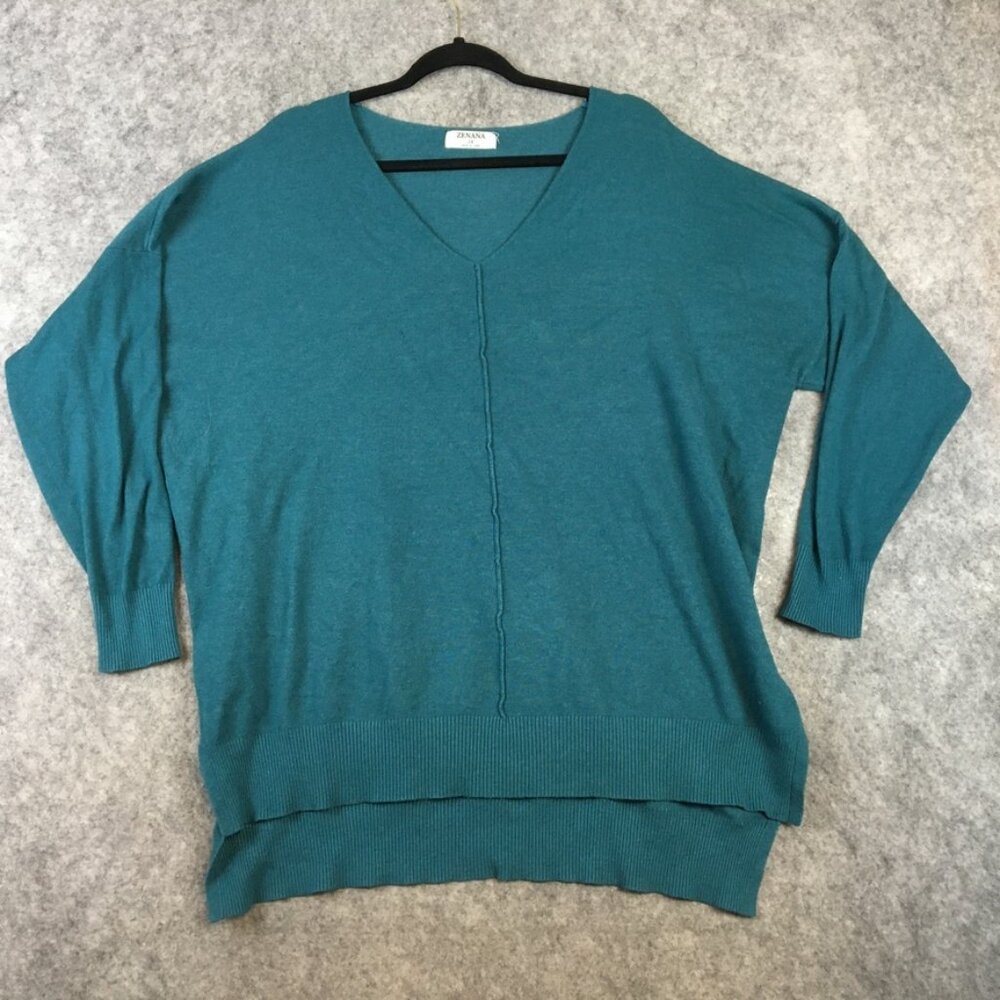 Zenana Sweater 2X Split Hem V Neck Solid Turquoise Teal Blue Green Slouchy Casua